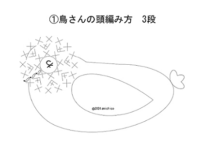 鳥さんの頭編み方3段の編み図の画像